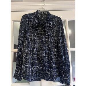 Investments Blue Large Bow Tie Neck Top Long Sleeve Blouse Texture Plaid Black